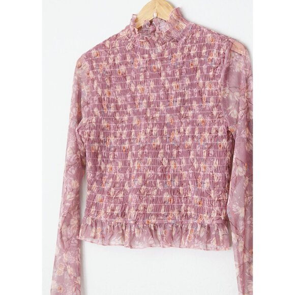 NEW Lulu's Sophisticated Blossom Mauve Pink Floral Mesh Smocked Mock Neck Top XL - Picture 13 of 15